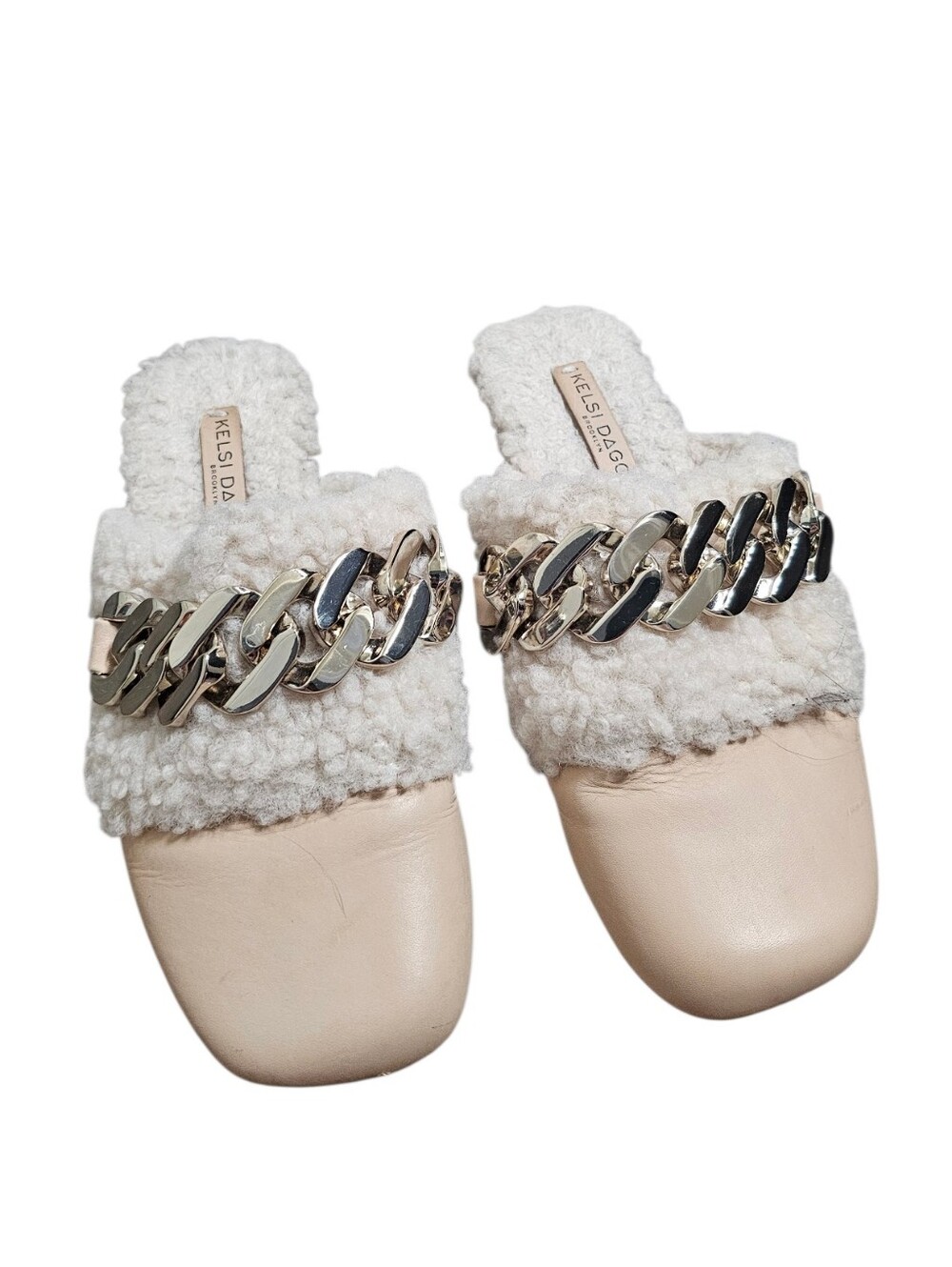 Kelsi Dagger Shearling Chain Leather Slip On Mules in Cream